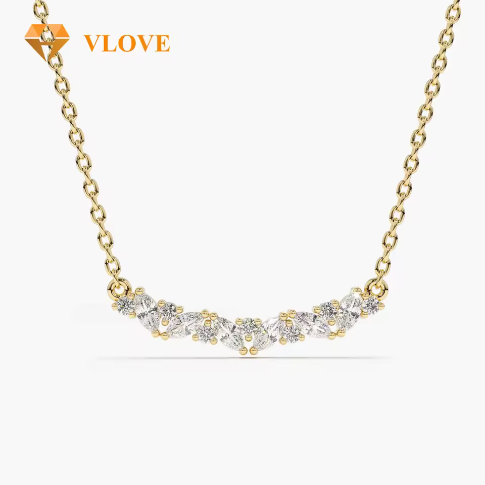 Vlove Fashion Jewelry Distributor 14k Gold Pebdant Elegant Slanted Round Marquise Diamond Necklace