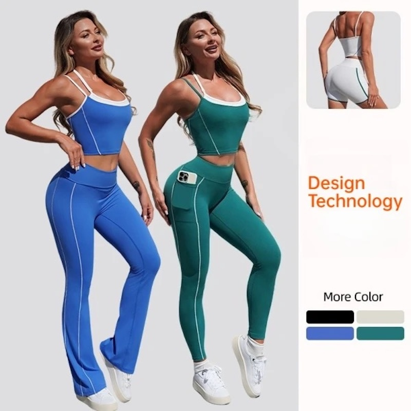 New Fashion Trendy 2/3/4PCS Set Workout Clothes for Women, Color-Block Padded Tank Top + Yoga Shorts + Booty Leggings + Flare Yoga Pants Sporty Outfits Vendor