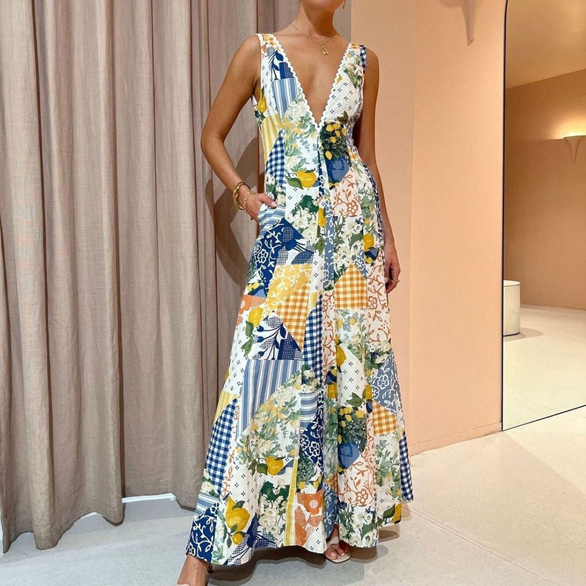 High End Casual Elegant Vintage V-Neck Floral Print Lace Trim Long Dress