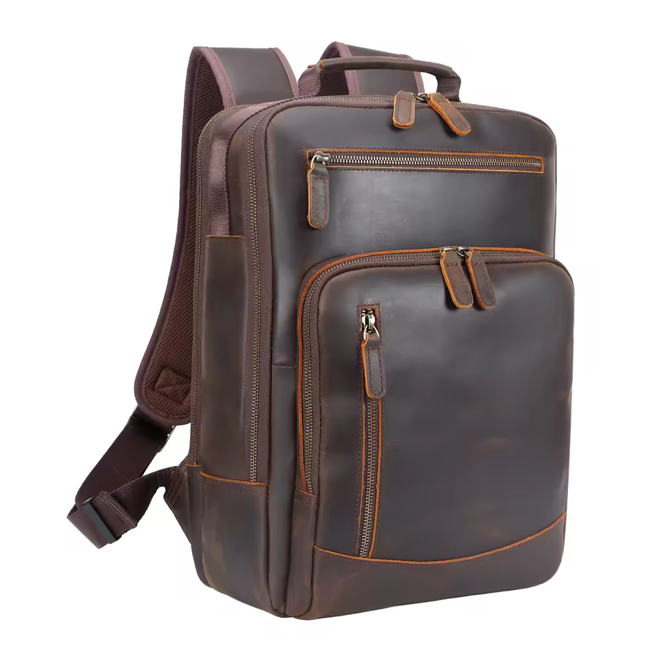 New Arrival Drop Shipping Vintage Brown Crazy Horse Leather Backpack School Bag Men Full Grain Genuine Leather Laptop Backpack