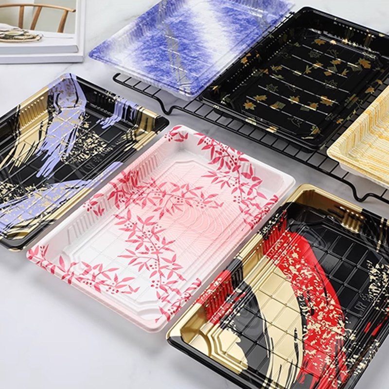 1109 Factory Price Wholesale Disposable Takeout Plastic Sushi Packaging Box Japanese Sashimi Rectangular Tray