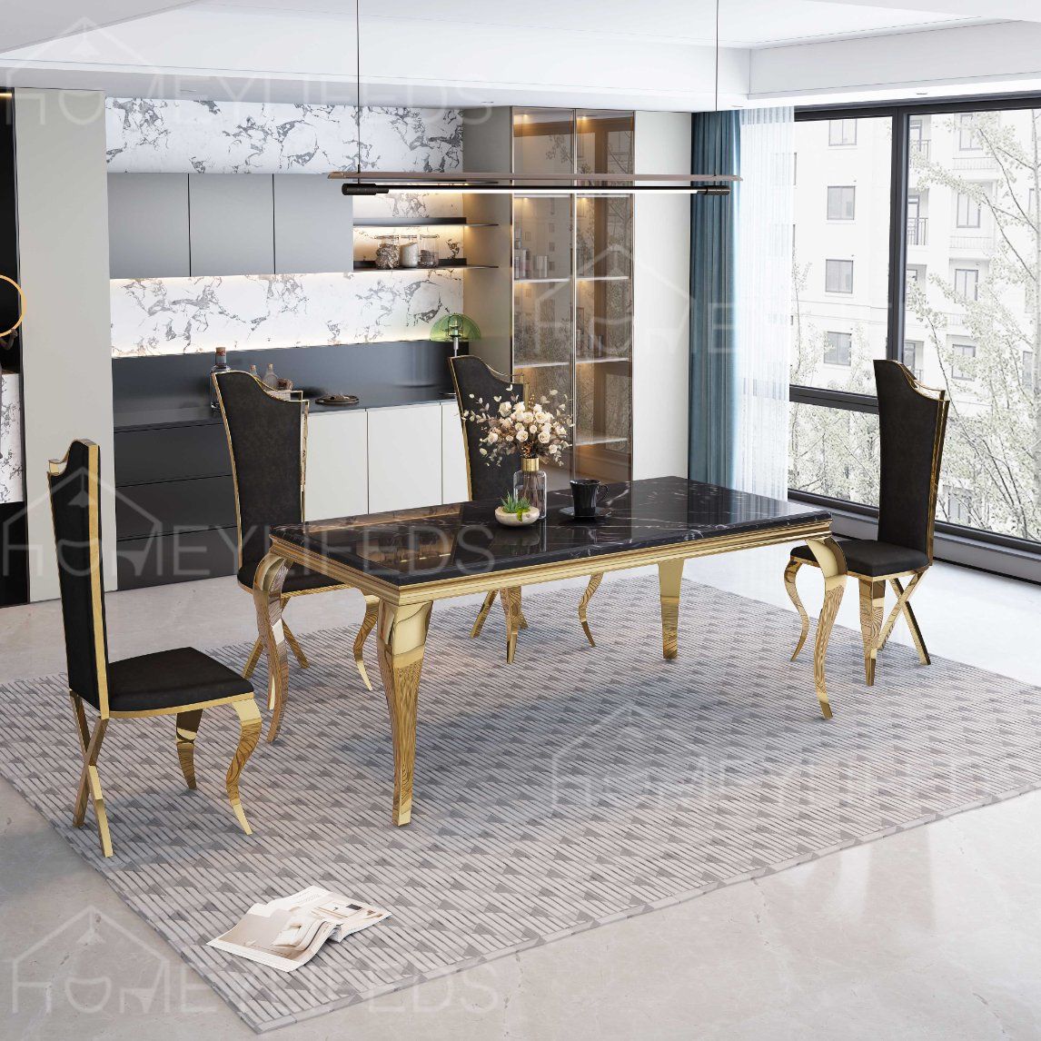 Foshan Furniture Low Price High Quality Nordic Style Modern Dining Room Italian Luxury Design Marble Gold Glass Wedding Table for Events