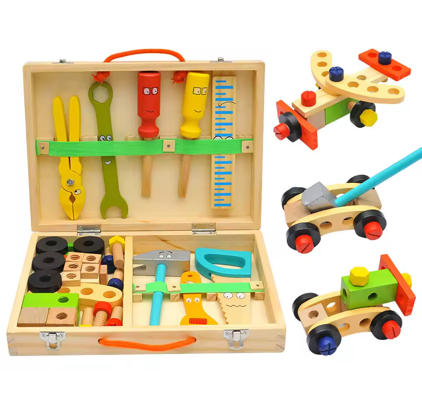 Kids Wooden Educational Assemble Toys Set Simulation Toolbox Kit Bolts Nuts Screws Tool For Children