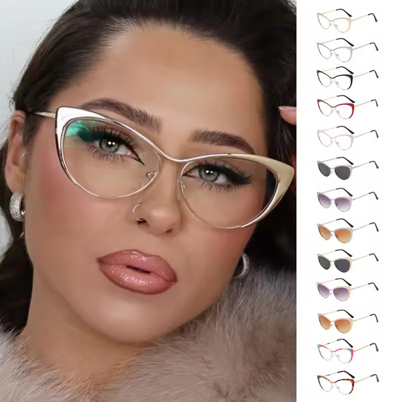 Glasses Top Selling Gold Half Frame Eyeglasses Cat Eye Anti Blue Light Eyewear Fashion Adults Women Spectacles