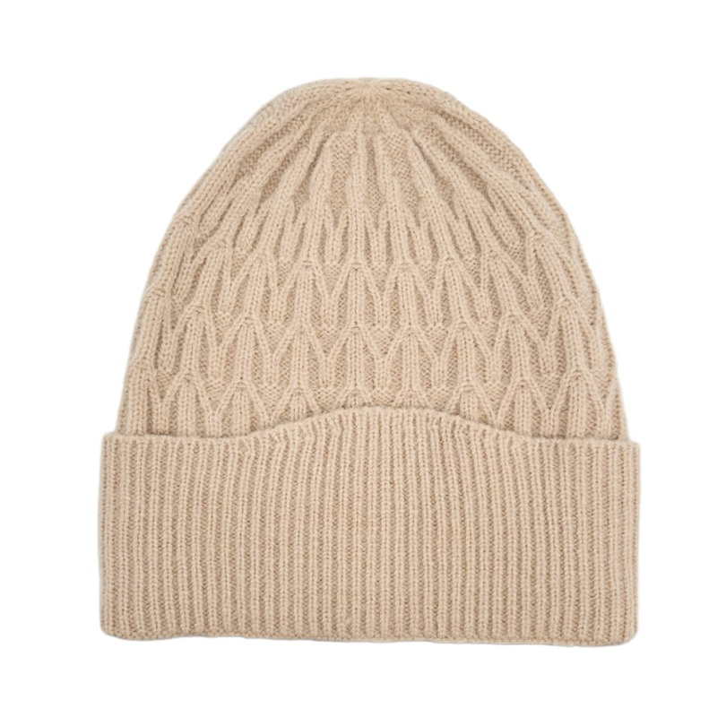 Unisex Cable Rib Knit Wool Cashmere Warm-Cap Beanie with Turn-up