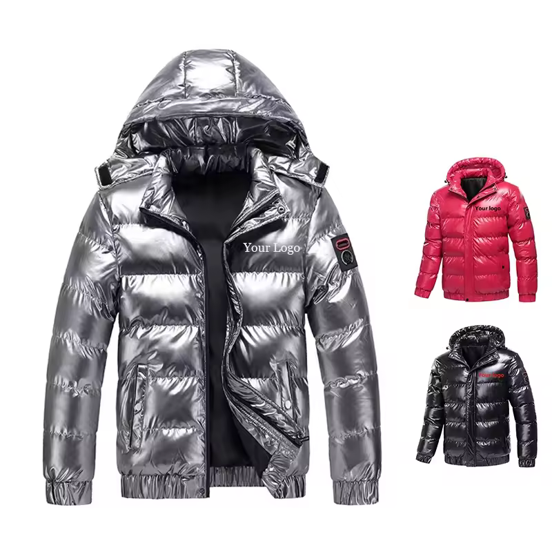 Men Bubble Coat Metallic Shiny Down Jackets Winter Alternative Jacket With Detachable Hood Shiny Short Bomber Coat Outerwear