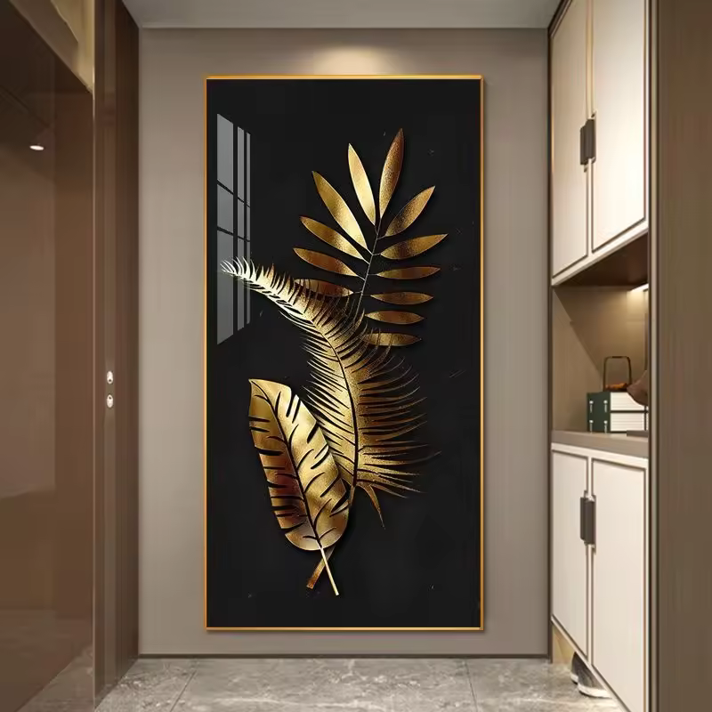Nordic Large Abstract Golden Leaf Flower Wall Art Picture Modern Luxury Crystal Porcelain Painting For Living Room Home Decor