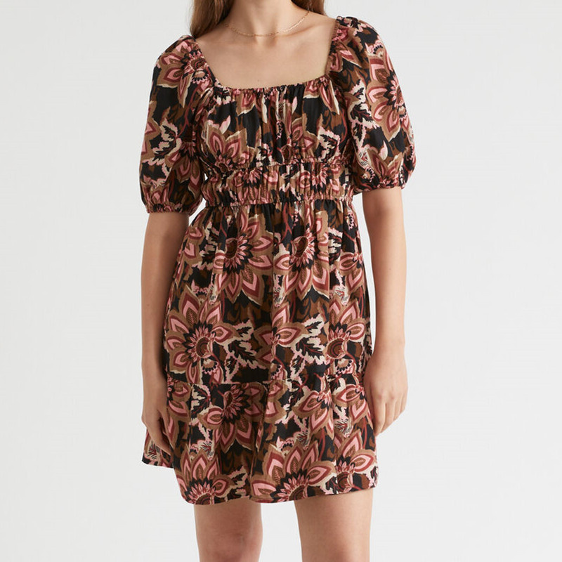 OEM Elegant Casual Puff Short Sleeve Floral Printed Dress