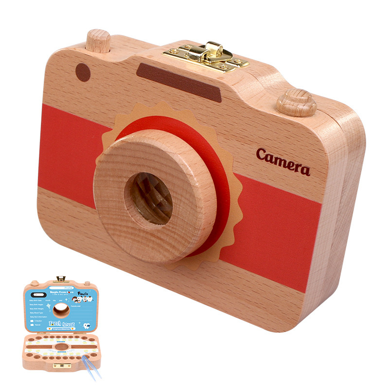 Original Wooden Children Keepsake Cameral Shape Tooth Container Baby Tooth Box for New Baby Borning Anniversary Gift