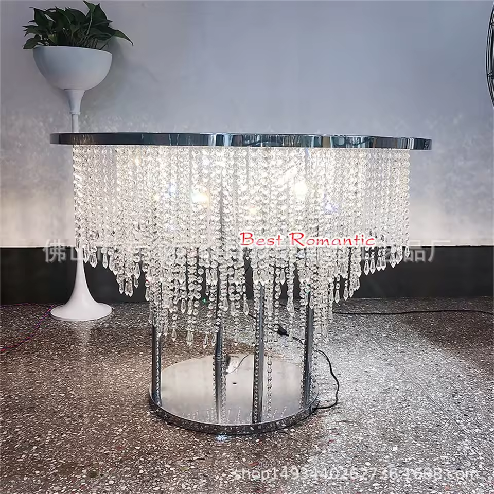 Golden Round Crystal Mirror Cake Table Glowing Gold Lamp Metal Dessert Table For Weddings Wedding Decorations Packaged Carton