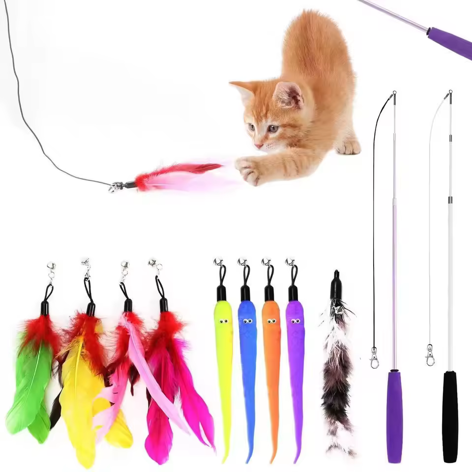 Cat Toys Feather Toy 2pcs Retractable Wand And 10pcs Replacement Teaser With Bell Refills