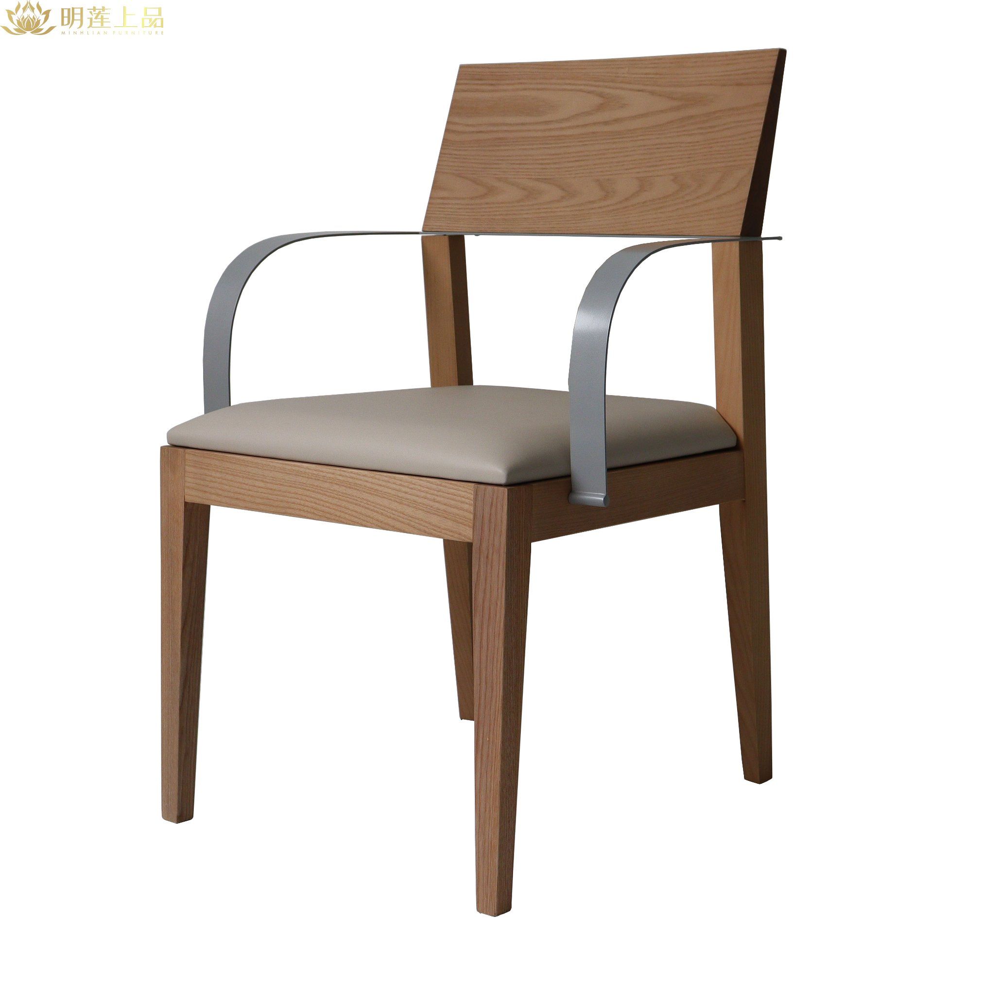 Contract Furniture Solid Wood Dining Chair with Metal Armrest