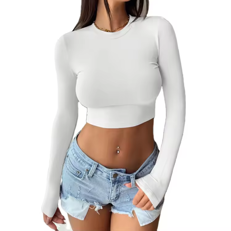 Channel 11 Colors Cheap Y2k Crew Neck Basic Long Sleeve Tight Crop Top Going Out For Women
