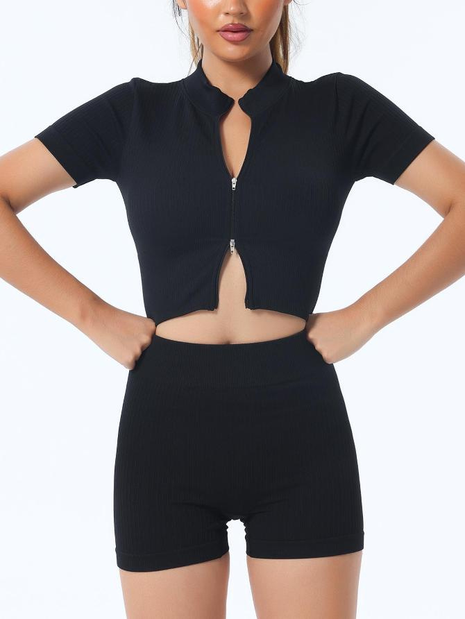 Women 2PCS Sport Tracksuits Hot Sexy Workout Outfits Bodybuilding Sportwear Sweatsuits Seamless Sports Bra Zipper Vest Crop Top Athletic Shorts Booty Legging