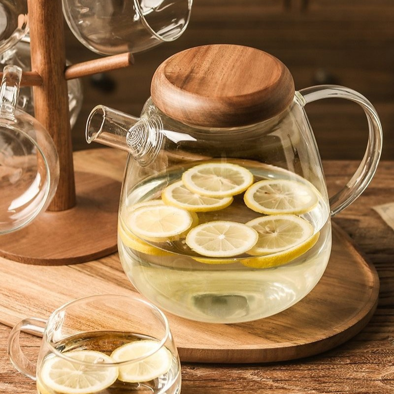 Extra-Large Simple Design Borosilicate Teapot - Wooden Cover, Durable & Spacious