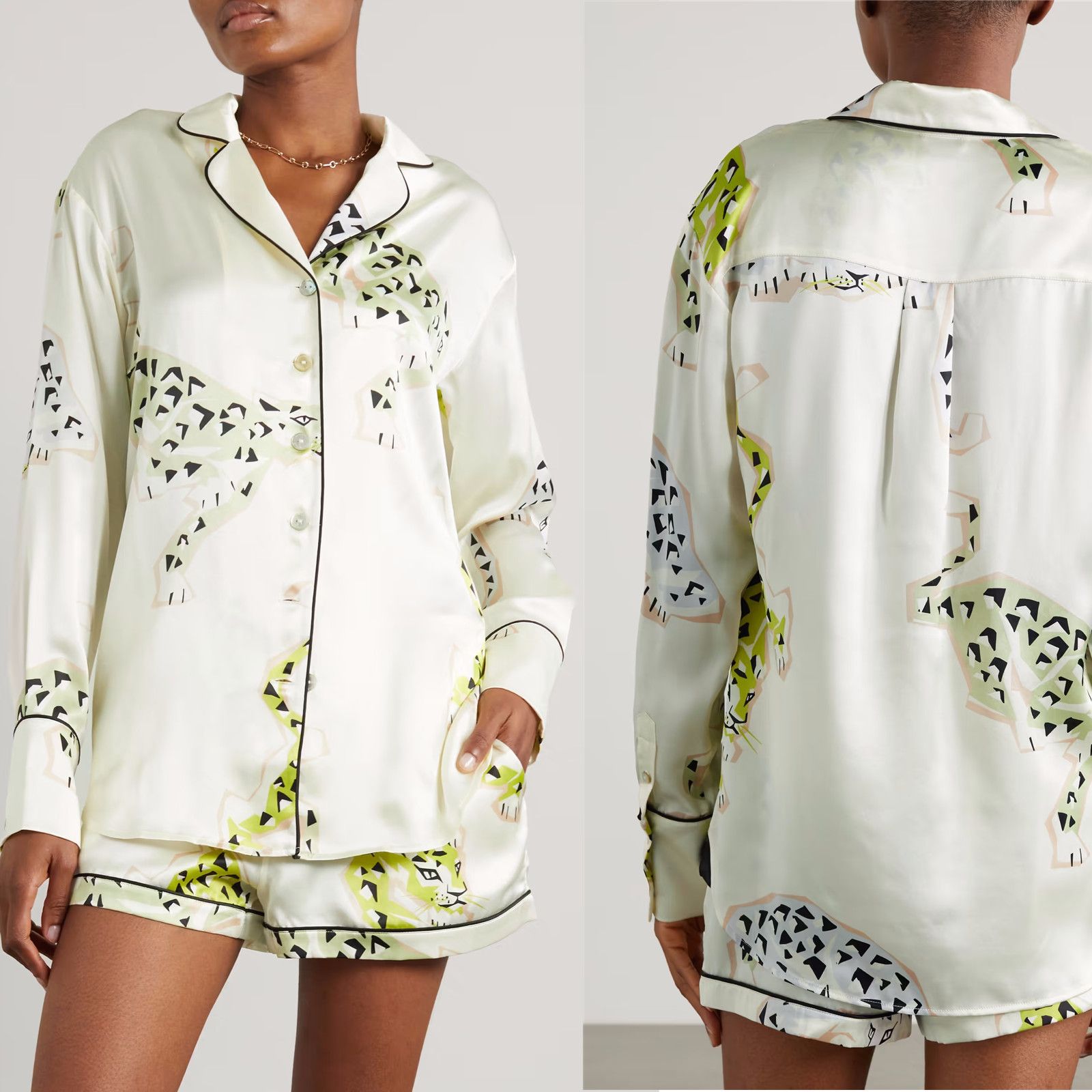 Manufacturer China Apparel Good Quality Women Ladies Nightwear Silk Pajamas Sets Leopards Printed Glossy Pearl Buttons Sleepwear