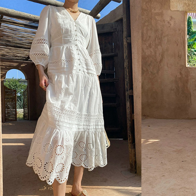 Spring Summer Dresses Women Patchwork Lace Dress V-Neck Maxi Dress Lantern Sleeve Beach Long Female Vestidos