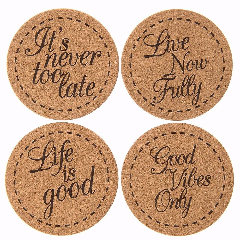 Inspirational Set X Large Premium Cork Coasters for Drinks with Hand-Crafted Packaging