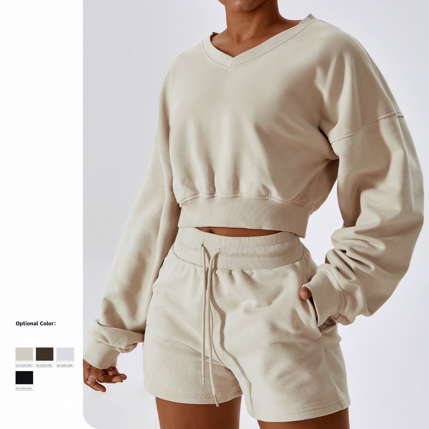 Factory Wholesale 2PCS Casual Loose Fit Cropped Sweatsuits for Women, Long Sleeve Pullover with Sweatpants Jogger Workout Set Winter Running Fitness Apparel