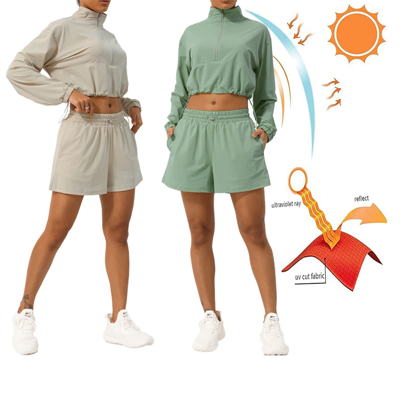 Wholesale Lightweight Summer Upf 50 Active Apparel Casual Zip-up Athletic Cropped Sweatshirt with Adjustable Hem + Sports Shorts 2PCS Sports Clothes Set