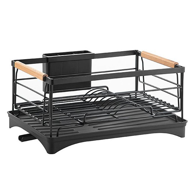 Dropship Dish Drying Rack Stainless Steel Dish Drainer For Kitchen Supplies Storage Wooden Handle Removable Plastic Cutlery Tray