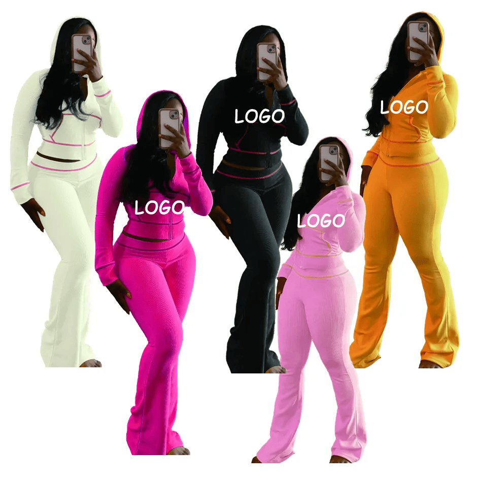 New Fall Waffle Women Clothes Set Hooded Zipper Solid Long Sleeve Wide Leg Sweatpants Sets Casual 2 Piece Pants Set for Women