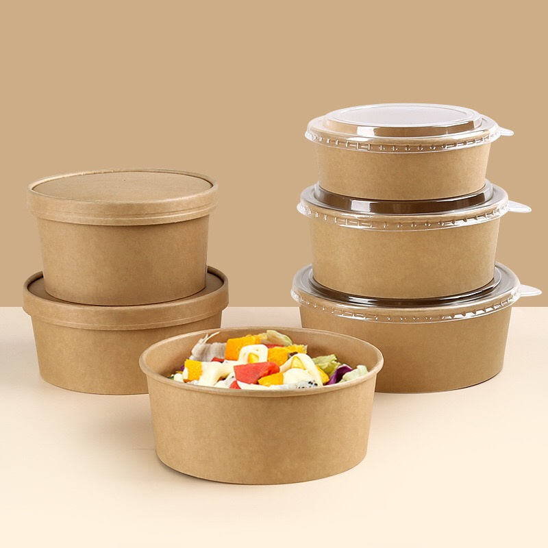 Biodegradable Hot Sale Disposable Kraft Paper Packaging Box Round Paper Bowl Thickened Takeaway Fast Food Box Fruit Salad Bowl Picnic Bowl with Transparent Lid