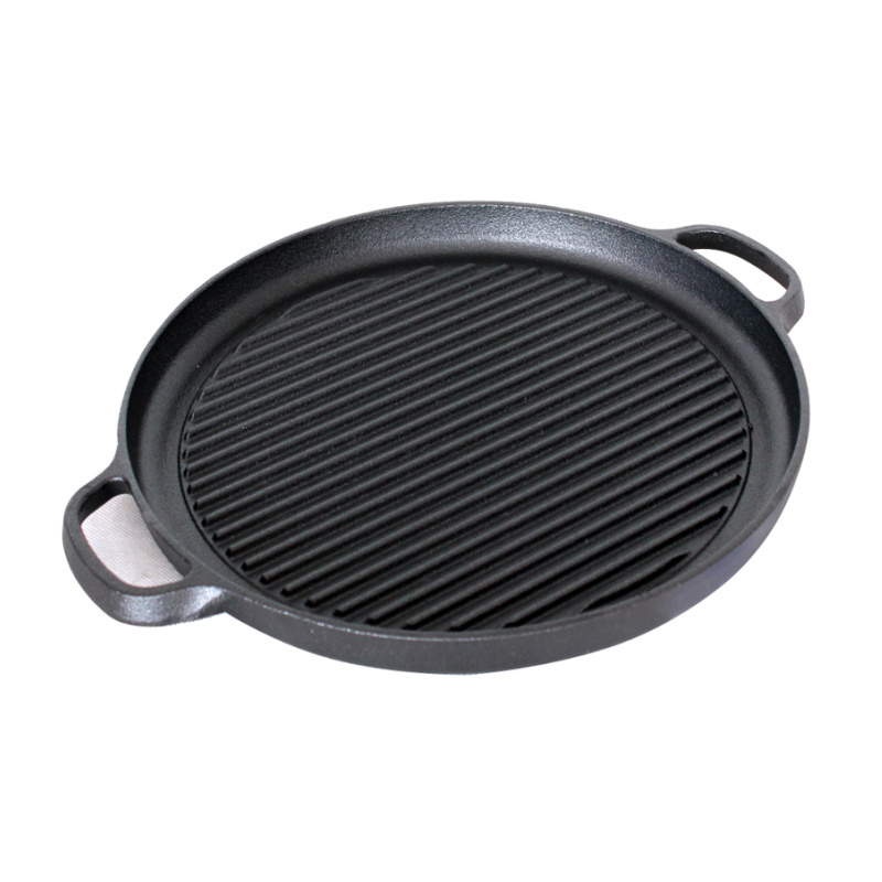 Hot Sell Round BBQ Cast Iron Grill and Steak Sizzling Pan Plate with Double Handle