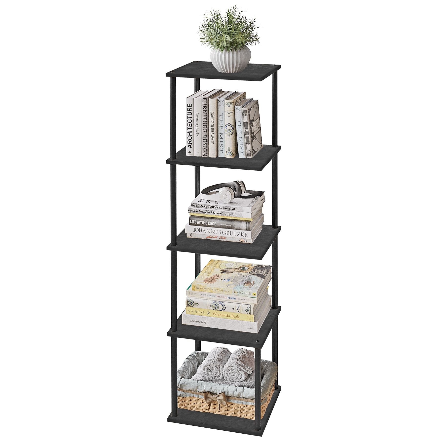 5 Tier Corner Narrow Metal Wood Bookcase Display Shelf Open Rack for Home Office Living Room
