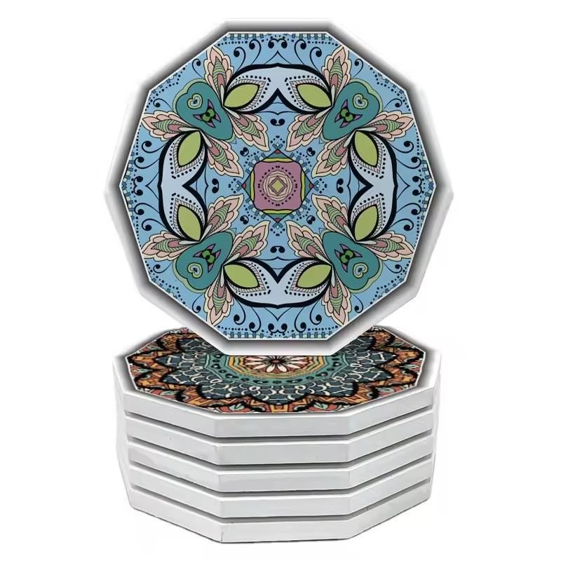 Hot Sale Personalized Pattern Printed Decagon Shape Colorful Heat Resistant Home Decor Ceramic Drink Cup Mug Coasters