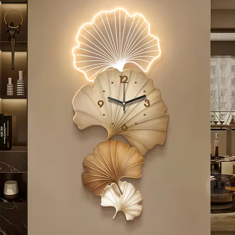 Factory Direct Uv Printed Acrylic Wall Art Home Decoration Led Lights Hanging Ginkgo Leaf Wall Clock Decorative Wall Art