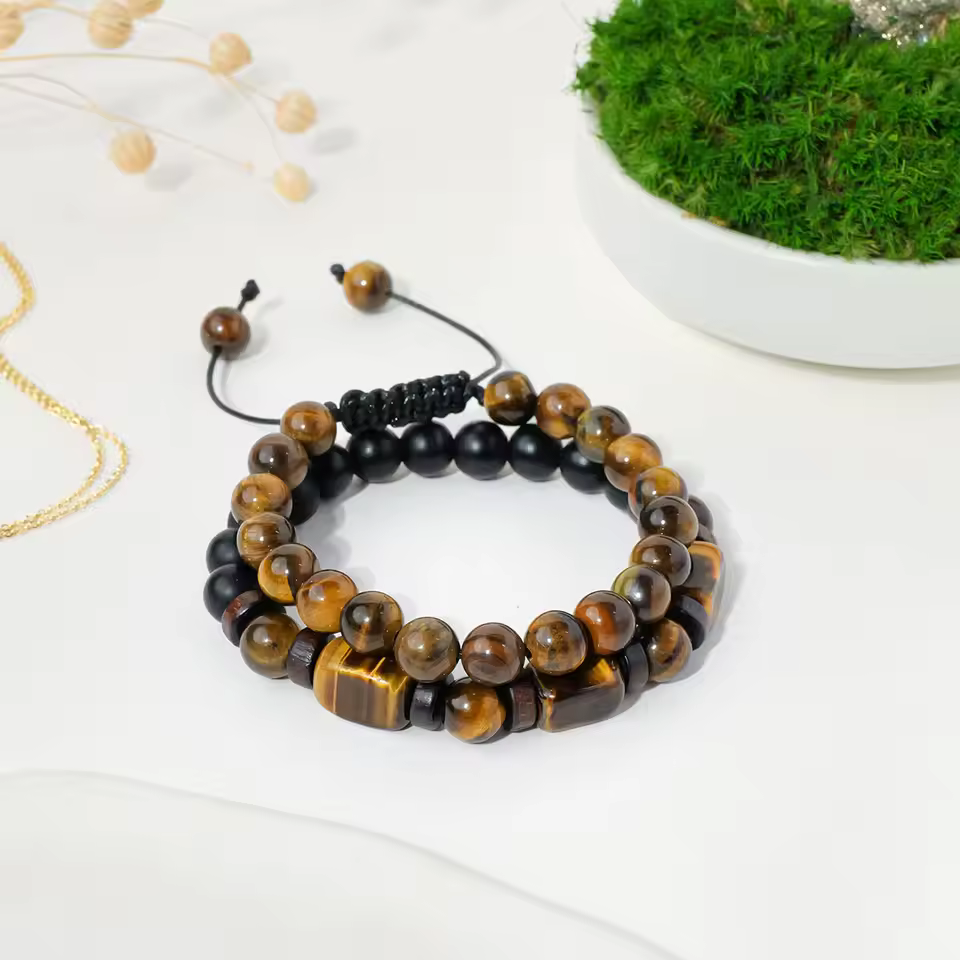 Wholesale Natural Crystal Beads 2pcs/set Handmade Adjustable Hematite Beads Tiger Eye Beads Bracelet Set For Men