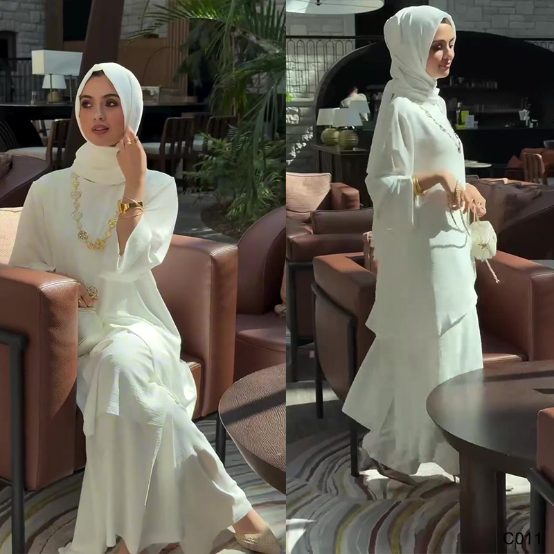 Stylish 3 Pieces White Tunic Abaya Set for Modern Muslim Women