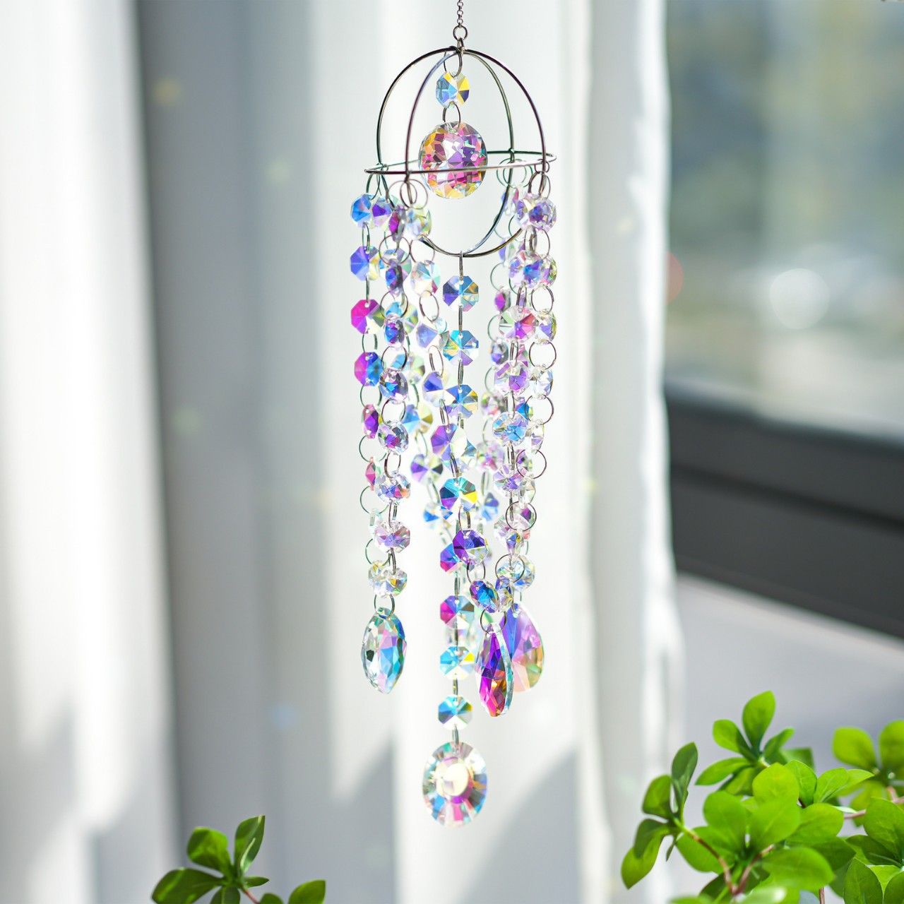 Large Iridescent Crystal Suncatcher - Rainbow Wind Chime for Window Garden Decor