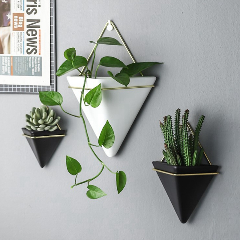 Triangle Geometric White Modern Ceramic Succulent Air Plant Holder Hanging Wall Planter Vase for Home Office Decor Decoration Birthday Wedding Gift