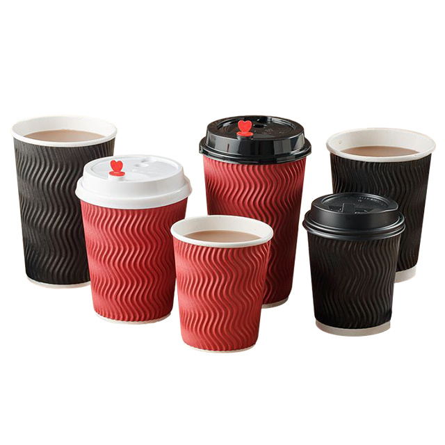 Biodegradable Disposable Coffee Ripple Wall Paper Cup Disposable Paper Coffee Cups with Lids and Sleeve