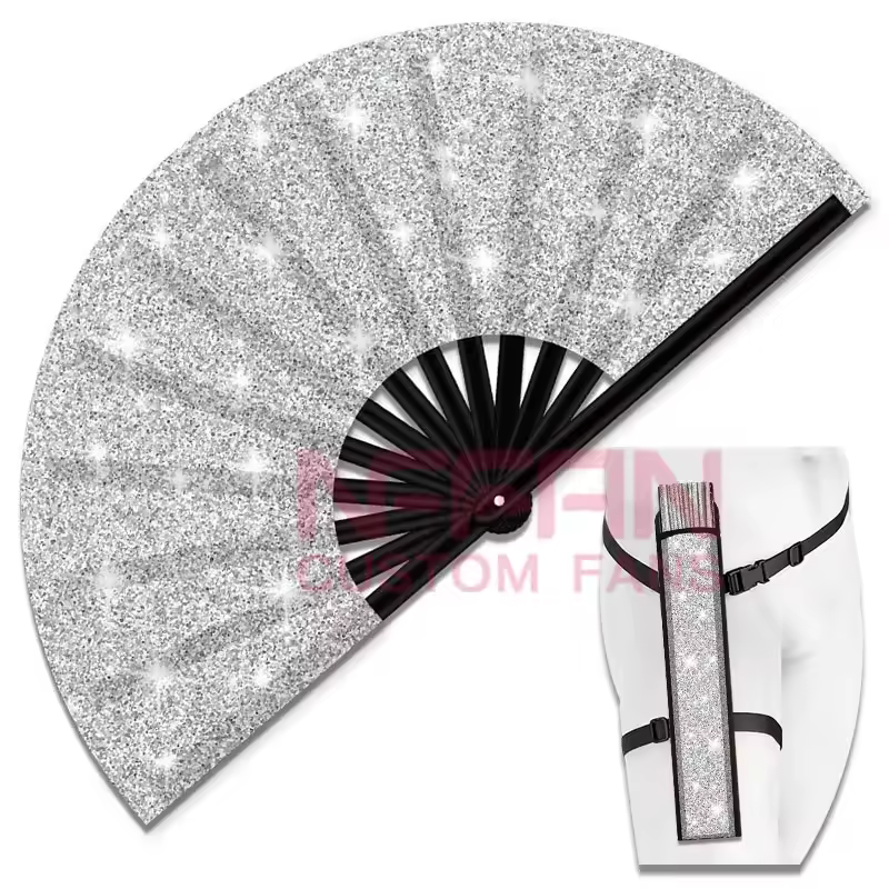 Hot Sale Glitter Folding Bamboo Hand Fan With Holster Silver Golden Black Clack Fabric Fan For Rave Festivals Accessories