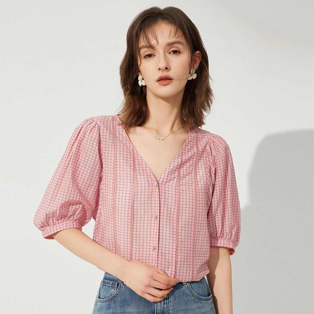 Women's Spring Casual Gingham Embroidery Blouse V Neck Button Down Tops Blouses Shirt