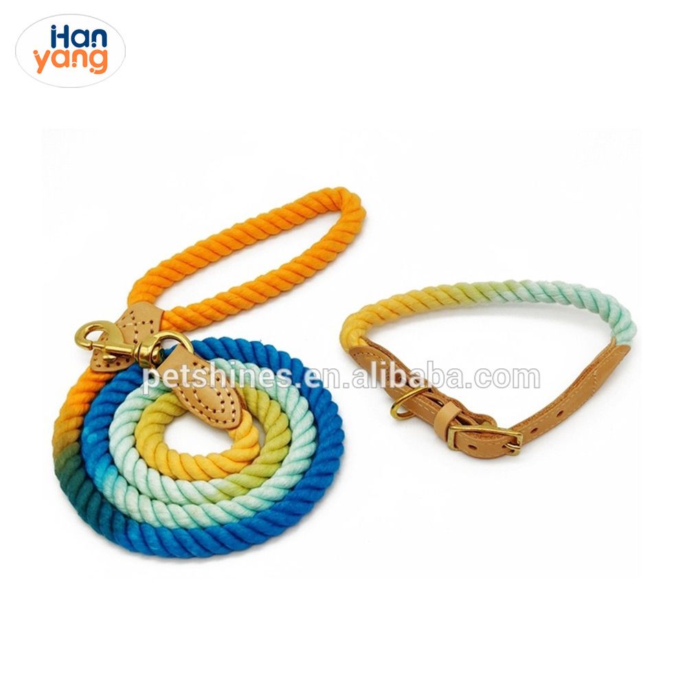 Hanyang Wholesale Ombre Rope Cotton Leash Collar Set Gradient Strap Handmade Braided Rope Leashes 1.5m 4.9FT
