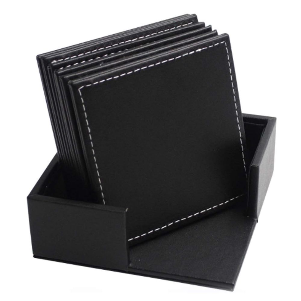 Embossed Logo PU Leather Coaster Square Home Drink Placemat OEM Black Coasters Office Cup Mat