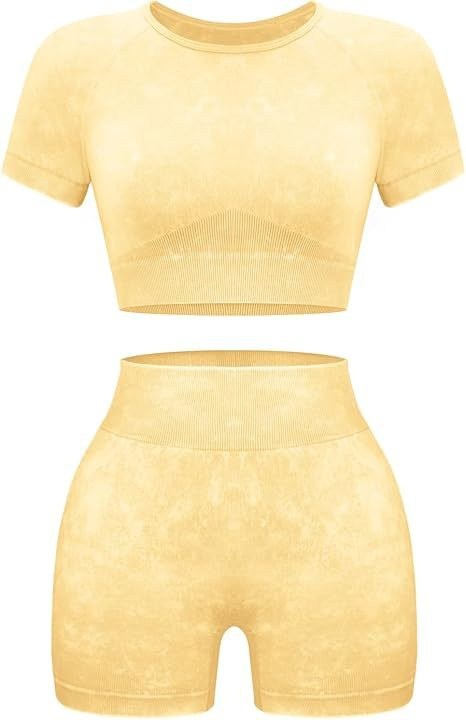 Seamless Acid Wash Yoga Outfits Shorts and Crop Top Yellow Color