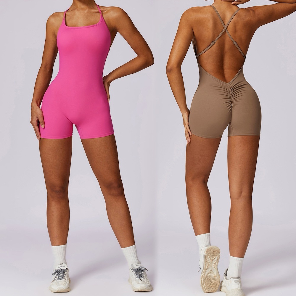 New Sexy Nude Feeling Sleeveless Athletic Bodysuit Cross Back Straps Yoga Jumpsuit for Woman, Scrunch Booty Shorts Dance Unitard Gym Wear Romper