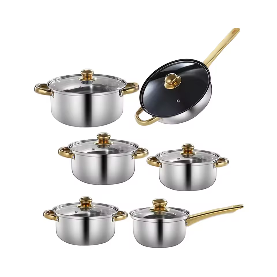 Factory Wholesale 12 Pcs Stainless Steel Multifunctional Cookware Set Non-stick Kitchen Use Including Milk Pot Gas Stove