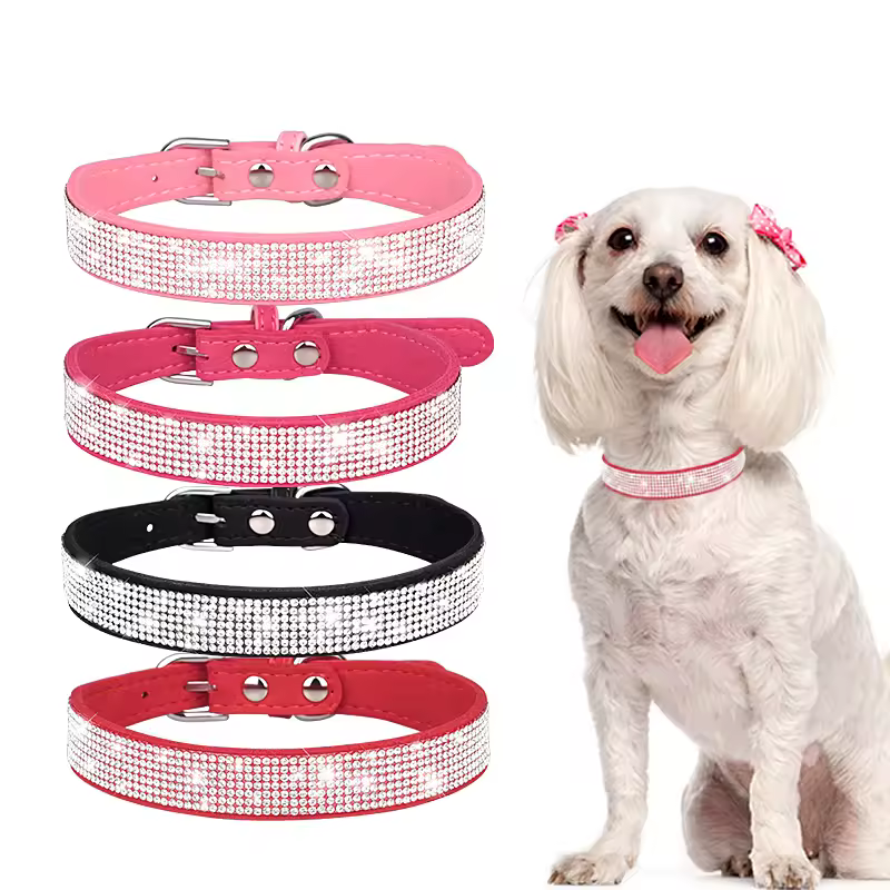 Pet Accessories Pu Pet Necklace Leash Bling Cat Rhinestone Dog Collar With Low Moq