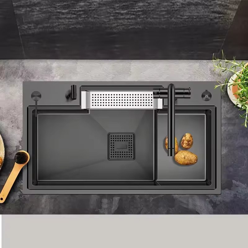 Waterfall Smart Kitchen Sink Faucet Stainless Steel Sink Faucet Big Single Bowl with Dish Rack Under Mount Sinks