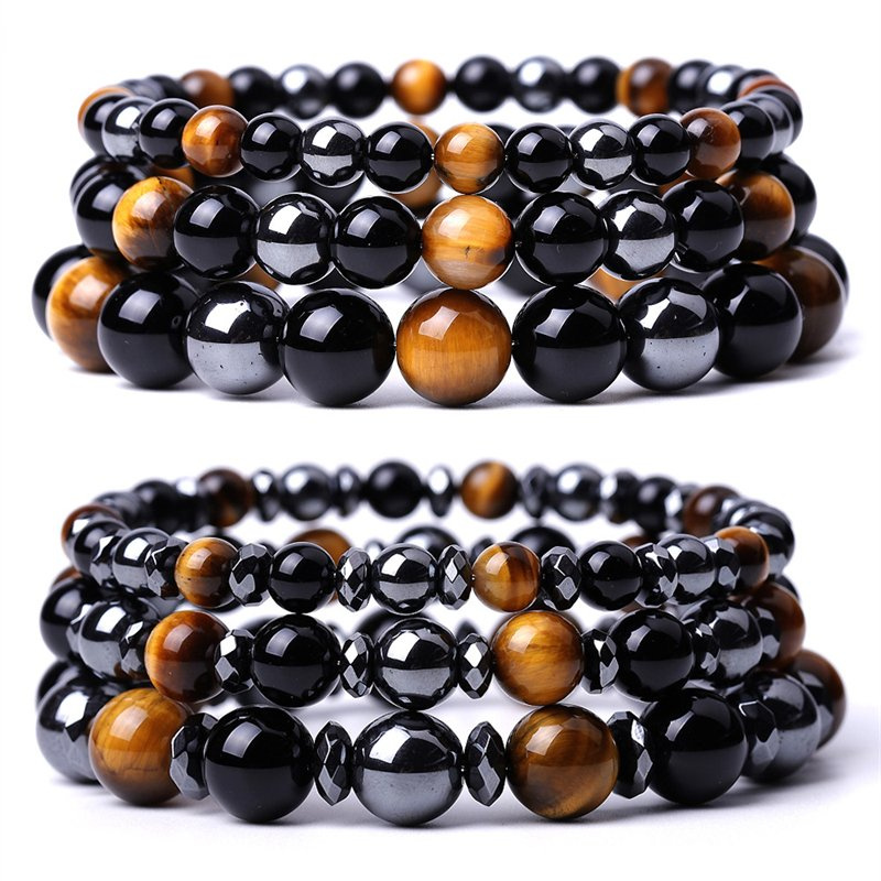 Natural 10mm Men's Tiger Eyes Crystal Stone Black Onyx Hematite Protection Bracelets