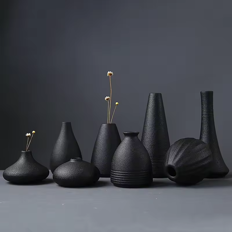 New Arrivals Japanese Ikebana Vase Flower Modern Matte Black Round Ceramic Vases For Home Decor