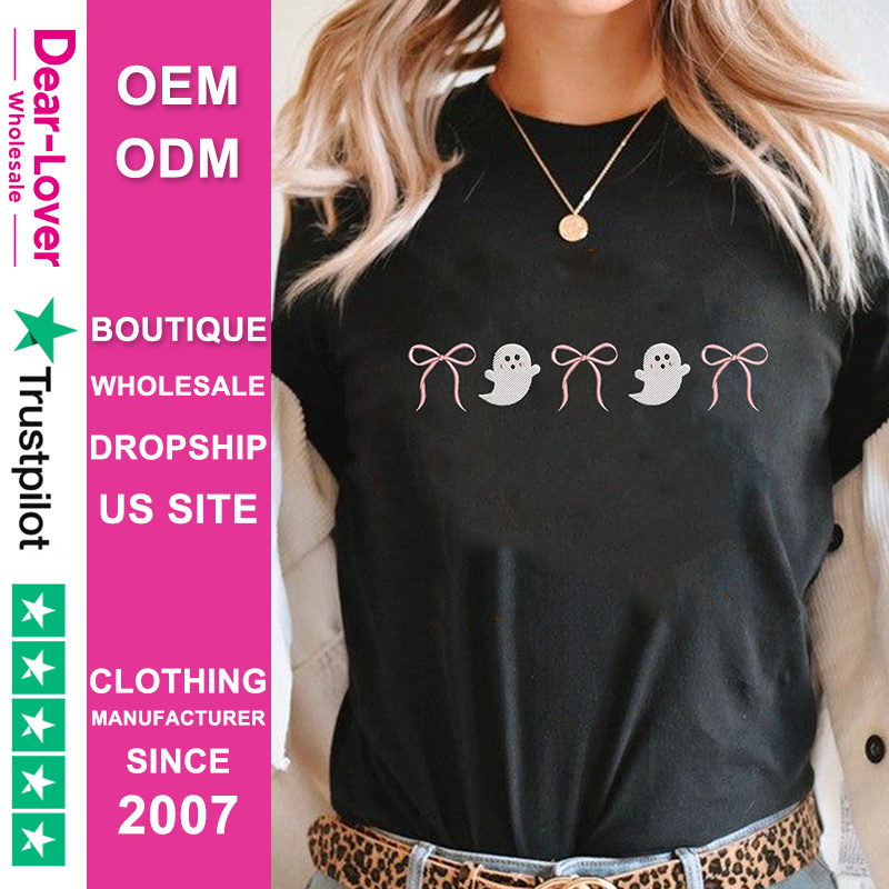 Dear-Lover Wholesale OEM ODM Print on Demand Black Halloween Ghost Bow Embroidered Loose Women T Shirt