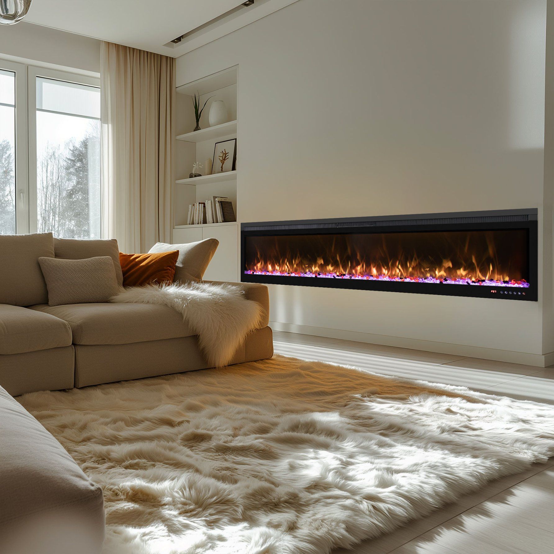 Sleek Modern LED Electric Fireplace with 3D Realistic Flame Effect, Smart APP Control, Wall Mounted Design for Stylish Home Decor