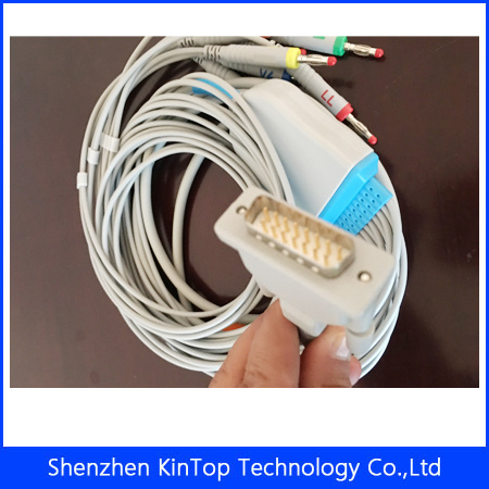 Compatible New Edan/Mindray/Schiller/Nihon Kohden 15pin One-Piece 10 Lead ECG/EKG Cable Clip/Snap/Banana4.0/DIN3.0 Patient Monitor Cable